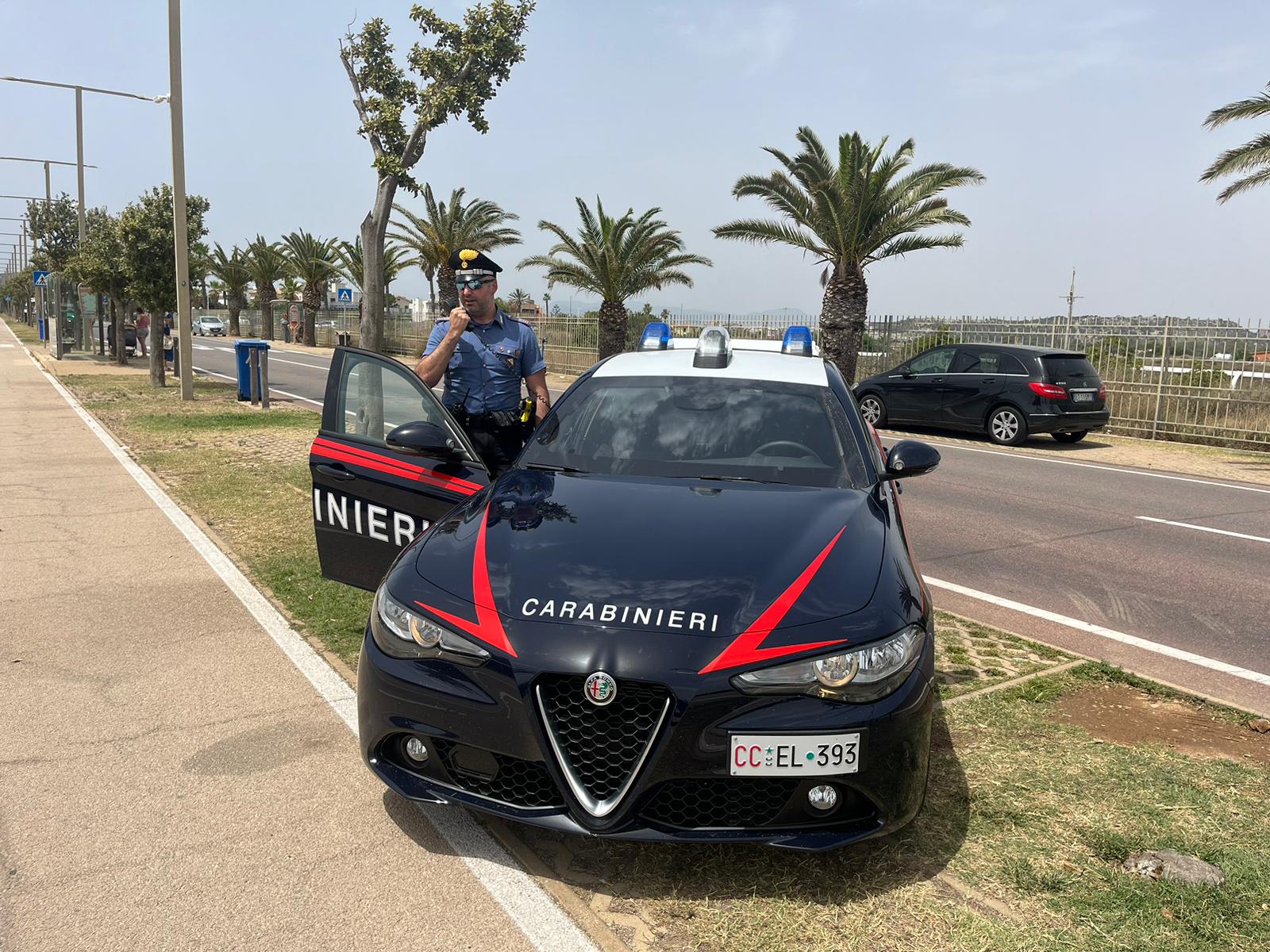 auto dei carabinieri parcheggiata, agente fuori dall'auto, strada alberata